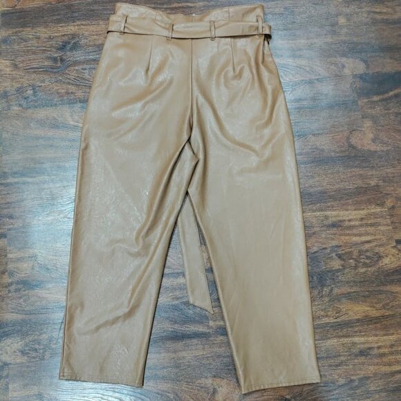 Commando Faux Leather Tie Belt Paperbag High Waisted Pant, Tan Women's Size M - Picture 3 of 7